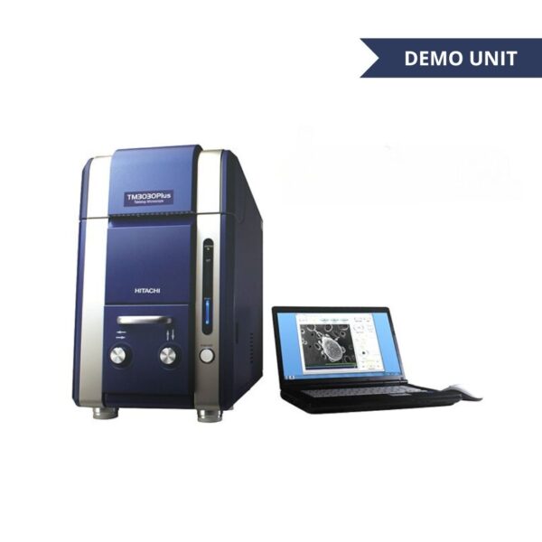 Image of the Hitachi TM3030Plus tabletop SEM (scanning electron microscope) demo unit, a low-vacuum scanning electron microscope (SEM) showcasing its compact design and advanced features for high-quality imaging and analysis