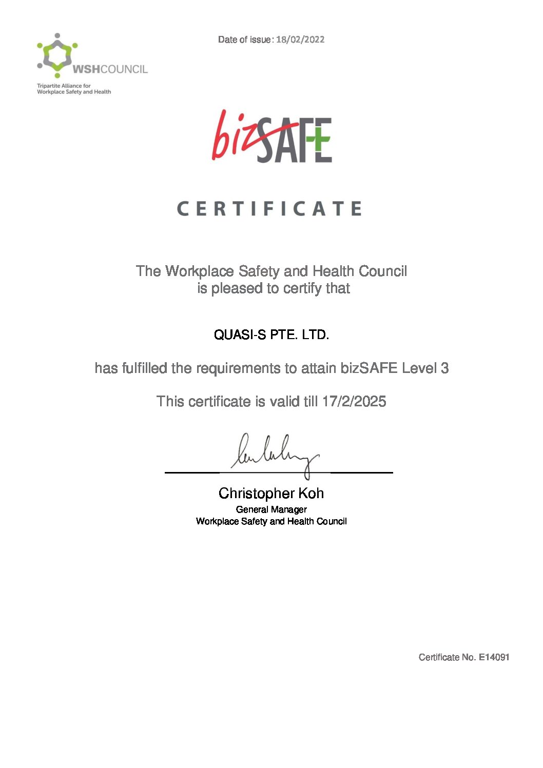 BizSAFE Level 3 Certification for Quasi-S Pte Ltd