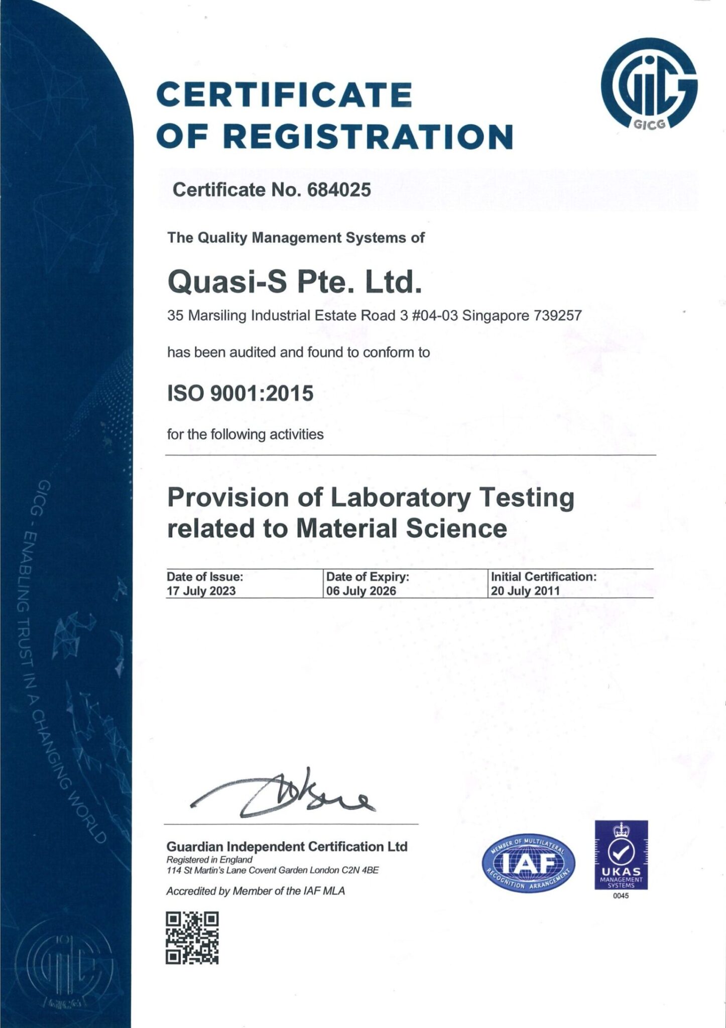 ISO 9001:2015 Certification for Quasi-S Pte Ltd